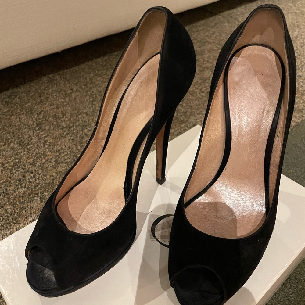 Casadei Black Suede Peep-Toe Platform Heels - Size 8